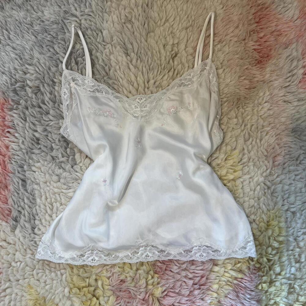 vintage white satin embroidered lace trim cami top